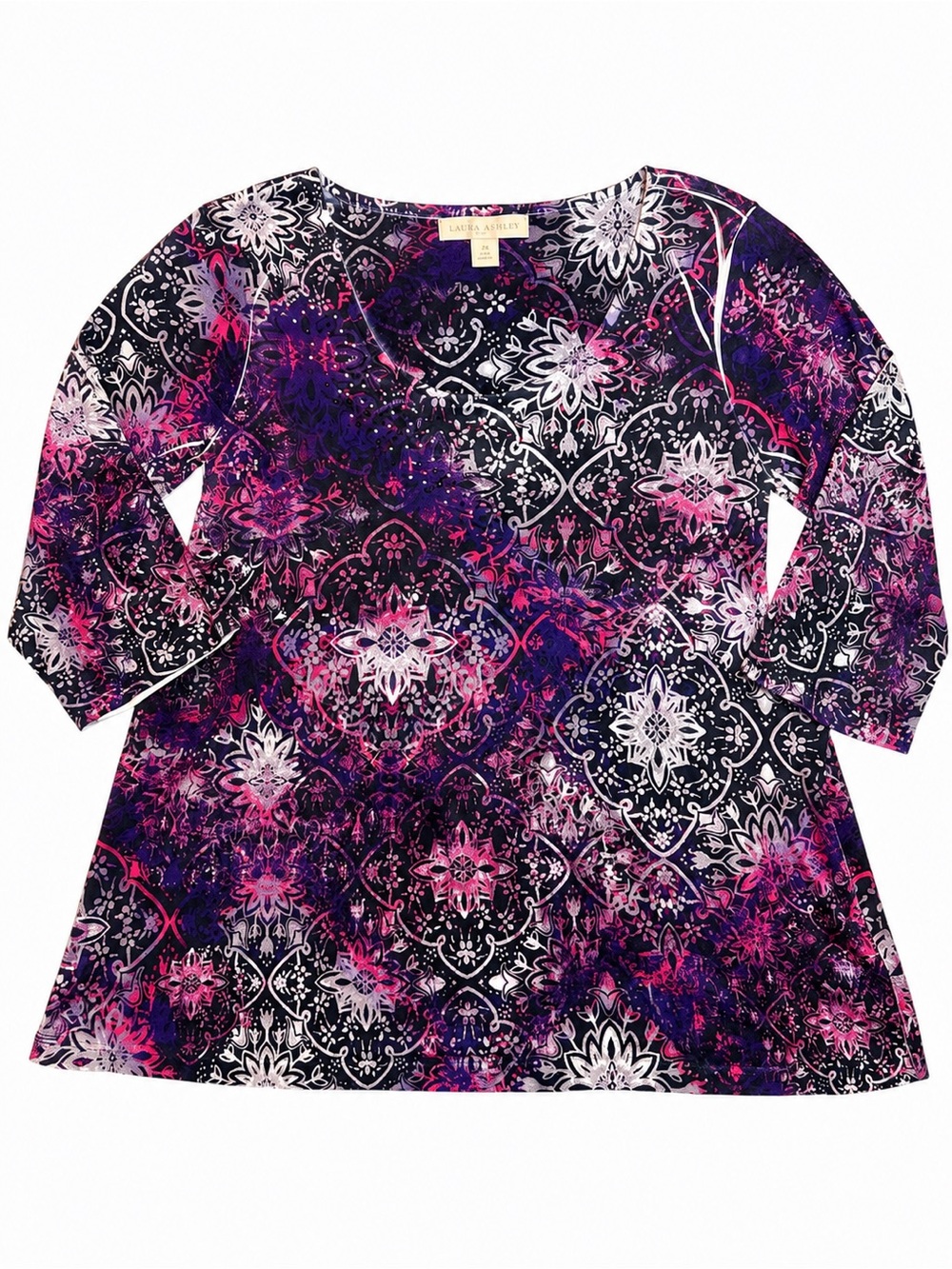 Laura Ashley 2X Plus Size Floral Medallion Rhinestone Tunic Top Purple Pink